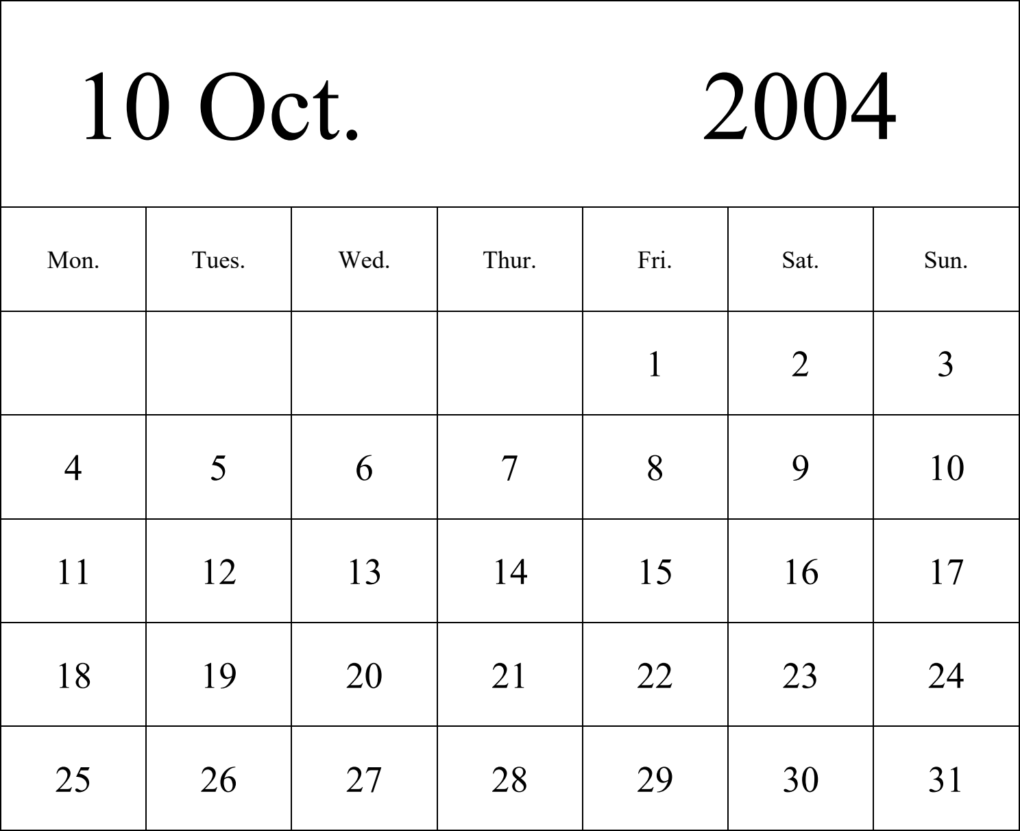 日历表2004年日历 英文版 纵向排版 周一开始 带节假日调休安排